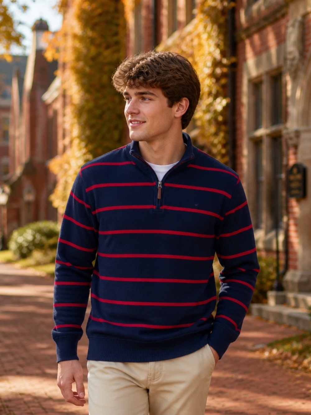 Lands End Striped 100% Cotton 1/4 Zip Sweater L/T 42-44 Navy Red